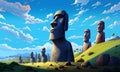 Illustration of the beautiful view of the huge statues on Easter Island, Chile