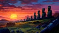 Illustration of the beautiful view of the huge statues on Easter Island, Chile