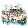 Illustration of beautiful view of Salzburg, Austria