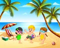 The beautiful view with three children playing in the beach under the blue sky