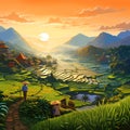 AI Illustration of the beautiful view of traditional rice terraces