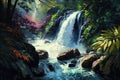 Illustration of a beautiful waterfall in a green summer dense forest. Generative ai