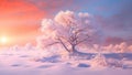 Illustration of a beautiful winter landscape. River flowing through a snowy forest landscape in the cinematic morning light Royalty Free Stock Photo