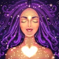 Illustration of a beautiful woman on a dark background with a shining heart. Symbol of self-love, spiritual awakening and Royalty Free Stock Photo