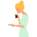 Illustration of a beautiful young woman which enjoys the smell of coffee.Vector illustration on white background in cartoon style