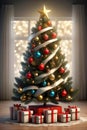 Illustration of a beautifully decorated Christmas tree in front of a large window, surrounded by gifts. Royalty Free Stock Photo