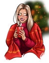 Illustration of beautyful young woman hold red hot cup of coffee or tea