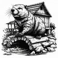 Illustration of a Beaver by its Lodge on Water Surrounded with Stones Royalty Free Stock Photo