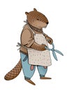 Illustration of the beaver like human in jeans, sweater and apron holding a scissors