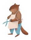 Illustration of the beaver like human in jeans, sweater and apron holding a scissors