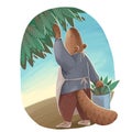 Illustration of the beaver like human in uniform holding a metal bucket and plucking green leaves