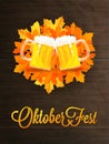 Illustration of beer mugs with maple leaves on wooden texture ba Royalty Free Stock Photo