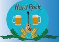 Illustration of a beer-themed sticker with Hard Rock writing isolated on a blue background