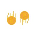 The rise and fall of bitcoin coins on a white background. Vector graphics