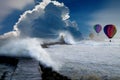 Illustration of a big white wave hitting deck with colorful hot air balloons and blue sky Royalty Free Stock Photo