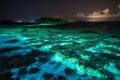 An illustration of the Bioluminescence shore in maldives, water and rocks glow blue at night. Generative ai