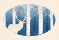 Illustration birch forest with the silhouette of a white stag with blue mist in background