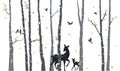 Birch Tree with deer and birds Silhouette Background Royalty Free Stock Photo