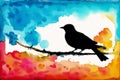 Illustration of a bird on abstract watercolor background. Sparrow. Watercolor paint. Digital art, Generative AI