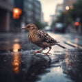 City Wildlife: A Bird Enjoys a Refreshing Dip in a Puddle. Generative ai
