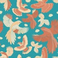 Illustration of birds, blue jay, falcons in flight.