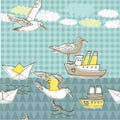 Illustration of birds, boats, clouds