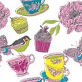 Illustration of birds, flowers, cupcakes, tea cups