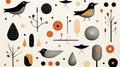 an illustration of birds trees and other objects