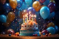 illustration birthday cake, burning candles, balloons backdrop