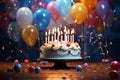 illustration birthday cake, burning candles, balloons backdrop