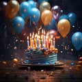 illustration birthday cake, burning candles, balloons backdrop