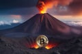 Illustration of bitcoin cryptocurrency convulsing out of volcano with lava. Bitcoun growing fast. Bitcoin coin is on top Royalty Free Stock Photo