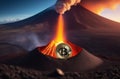 Illustration of bitcoin cryptocurrency convulsing out of volcano with lava. Bitcoun growing fast. Bitcoin coin is on top Royalty Free Stock Photo