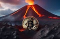 Illustration of bitcoin cryptocurrency convulsing out of volcano with lava. Bitcoun growing fast. Bitcoin coin is on top Royalty Free Stock Photo