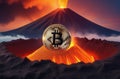 Illustration of bitcoin cryptocurrency convulsing out of volcano with lava. Bitcoun growing fast. Bitcoin coin is on top Royalty Free Stock Photo