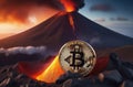 Illustration of bitcoin cryptocurrency convulsing out of volcano with lava. Bitcoun growing fast. Bitcoin coin is on top Royalty Free Stock Photo