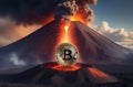 Illustration of bitcoin cryptocurrency convulsing out of volcano with lava. Bitcoun growing fast. Bitcoin coin is on top Royalty Free Stock Photo