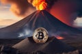 Illustration of bitcoin cryptocurrency convulsing out of volcano with lava. Bitcoun growing fast. Bitcoin coin is on top Royalty Free Stock Photo