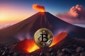 Illustration of bitcoin cryptocurrency convulsing out of volcano with lava. Bitcoun growing fast. Bitcoin coin is on top Royalty Free Stock Photo