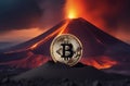 Illustration of bitcoin cryptocurrency convulsing out of volcano with lava. Bitcoun growing fast. Bitcoin coin is on top Royalty Free Stock Photo