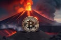 Illustration of bitcoin cryptocurrency convulsing out of volcano with lava. Bitcoun growing fast. Bitcoin coin is on top Royalty Free Stock Photo