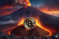 Illustration of bitcoin cryptocurrency convulsing out of volcano with lava. Bitcoun growing fast. Bitcoin coin is on top Royalty Free Stock Photo