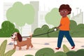 Illustration with a black boy and dog walking in the park. Royalty Free Stock Photo
