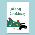 Illustration of a black cat that knocked over a decorated Christmas tree