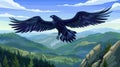 Illustration of a black eagle, falcon, or hawk flying with outspread wings over a green valley, rocks, and spruces.