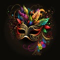 Illustration, black mask with gold ornaments and Colorful rainbow feathers, small confetti on black background. Carnival outfits, Royalty Free Stock Photo