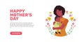 Illustration of black mom afro african hugging son or daughter on her arm for mother day greeting card concept
