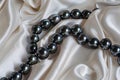 illustration of black pearls necklace on white satin background. Generative AI