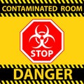 Illustration of a black, red and yellow [CONTAMINATED ROOM, DANGER] sign