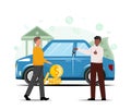 Illustration of a black seller man hands over the keys to the client. Purchase, sale or rental car. Purchase, selling